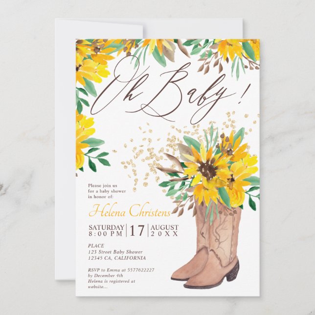 Rustic cowboy boots orange floral baby shower invitation (Front)