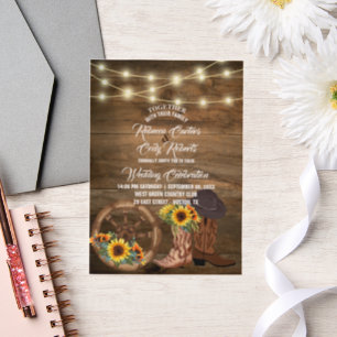 Rustic Cowboy Boots Sunflower Western Wedding  Vellum Invitations