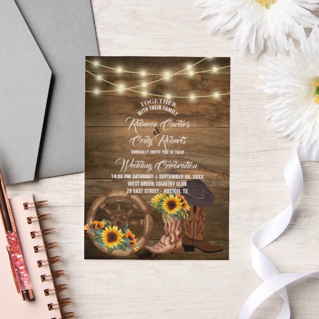 Rustic Cowboy Boots Sunflower Western Wedding  Vellum Invitations (Wedding)