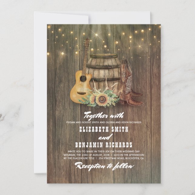 Rustic Cowboy Boots Sunflower Wine Barrel Wedding Invitation (Front)
