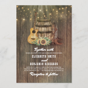 Rustic Cowboy Boots Sunflower Wine Barrel Wedding Invitation