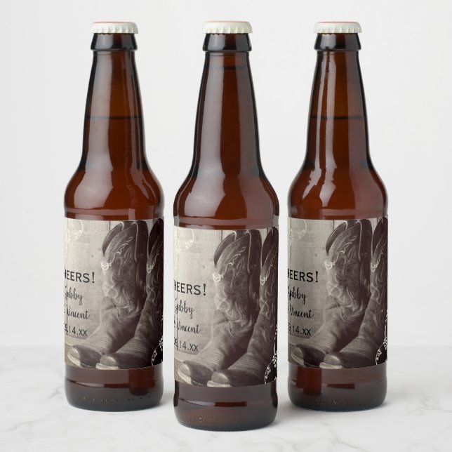 Rustic Cowboy Boots Western Floral Wedding Cheers Beer Bottle Label (Bottles)
