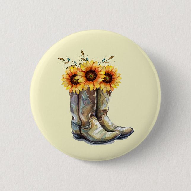 Rustic Cowboy Boots with Sunflowers 2 Inch Round Button (Front)