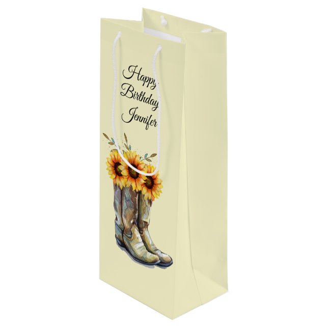 Rustic Cowboy Boots with Sunflowers Birthday Wine Gift Bag (Front Angled)