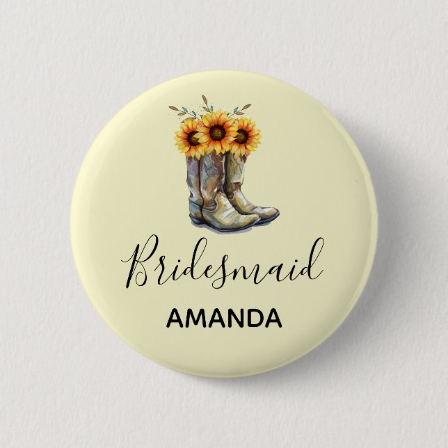 Rustic Cowboy Boots with Sunflowers Bridesmaid 2 Inch Round Button (Front)