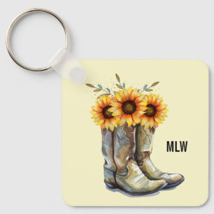 Rustic Cowboy Boots with Sunflowers Keychain