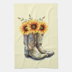 Rustic Cowboy Boots with Sunflowers Kitchen Towel
