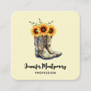 Rustic Cowboy Boots with Sunflowers Square Business Card