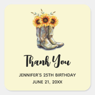 Rustic Cowboy Boots with Sunflowers Thank You Square Sticker