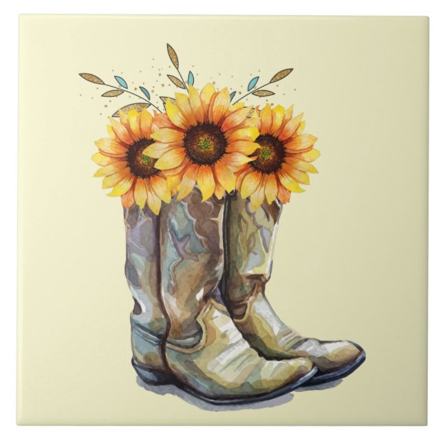 Rustic Cowboy Boots with Sunflowers Tile (Front)