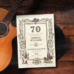 Rustic Cowboy Country Western Frame 70th Birthday  Invitation<br><div class="desc">A rustic vintage cowboy 70th birthday invitation featuring an elegant botanical frame, with western country drawing inserts of a saguaro cactus, a cart wheel, a horse, a guitar and a cowboy hat. Elegant and charming, it is a lovely choice for a barn birthday party, an outdoor birthday party, a barbeque...</div>