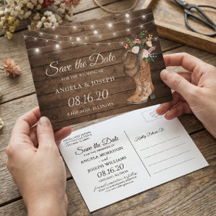 Rustic Cowboy Cowgirl Boots Floral Save the Date Announcement Postcard