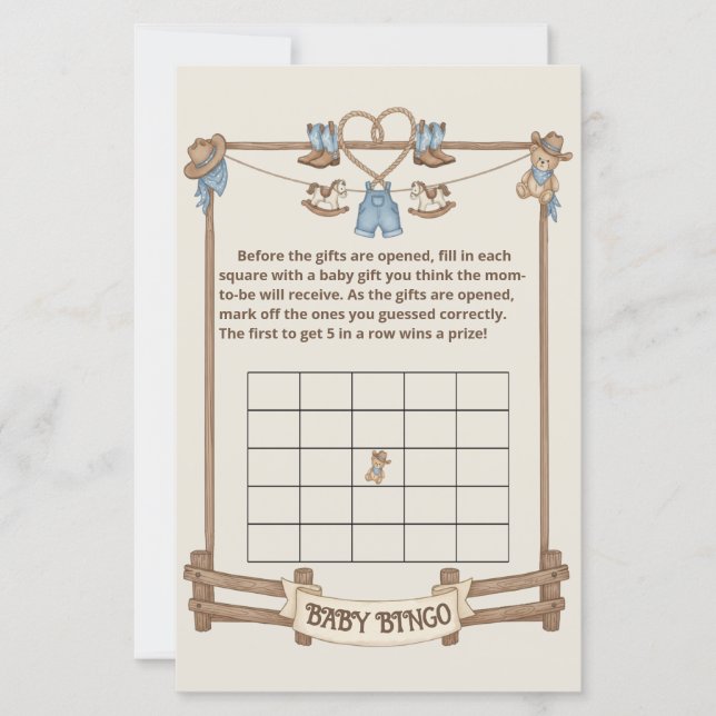 Rustic Cowboy Gift Bingo baby shower game (Front)