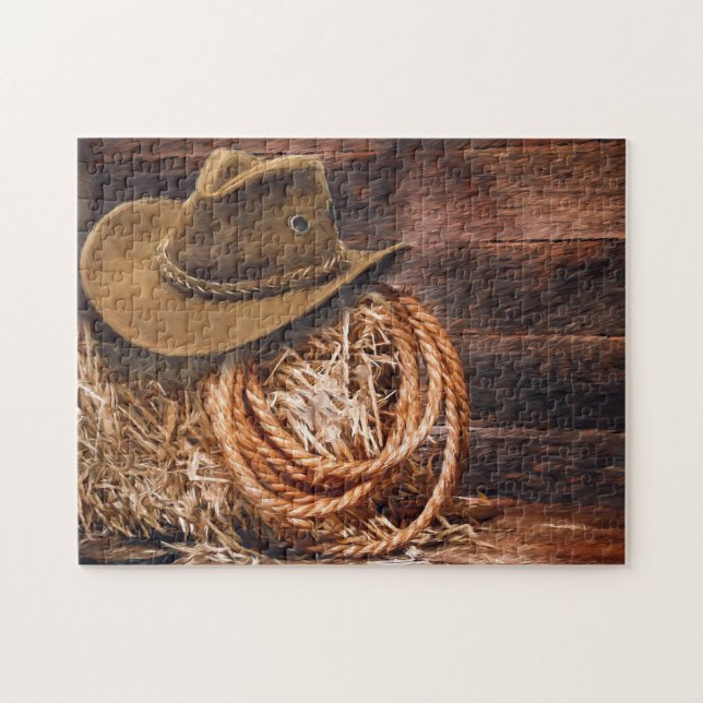 Rustic Cowboy Hat Rope Hay Photo Jigsaw Puzzle (Horizontal)
