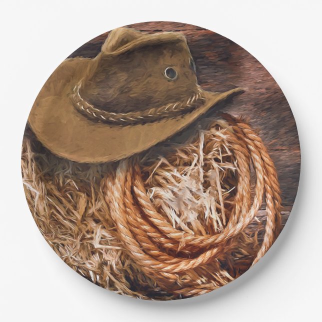 Rustic Cowboy Hat Rope Hay Photo Paper Plate (Front)