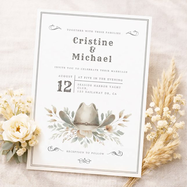 Rustic Cowboy hat wedding Invitation (Cowboy hat, western wedding invitation in watercolors. Vintage style.)