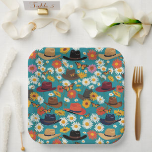 Rustic Cowboy Hats Daisies And Butterflies Teal Paper Plate