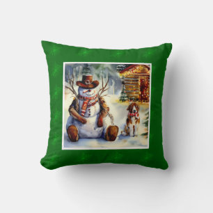 Rustic Cowboy Snowman Watercolor Throw Pillow