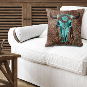 Rustic Cowboy Southwestern Turquoise Bull Skull Throw Pillow