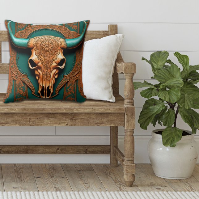 Rustic Cowboy Teal Orange Southwestern Bull Skull  Throw Pillow (Southwestern bull skull teal orange western country pillow)