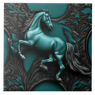 Rustic Cowboy Western Country Black Teal Horse  Tile