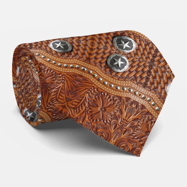 Rustic Cowboy Western Country Leather Pattern Tie (Rolled)
