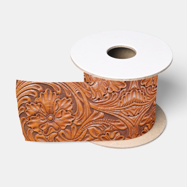 Rustic Cowboy Western Country Tooled Leather Print Satin Ribbon (Spool)