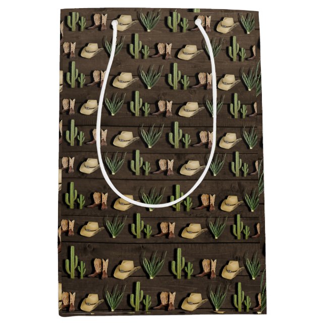 Rustic Cowboy Western Rodeo Wooden Birthday Party Medium Gift Bag (Front)