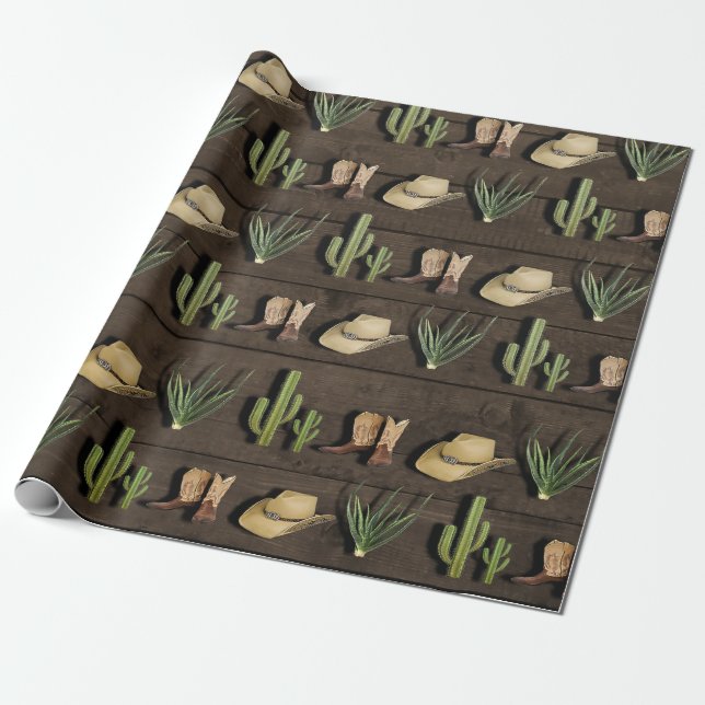Rustic Cowboy Western Rodeo Wooden Birthday Party Wrapping Paper (Unrolled)