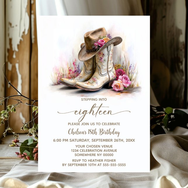 Rustic Cowgirl Boots and Hat 18th Birthday Party Invitation (Creator Uploaded)