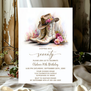 Rustic Cowgirl Boots and Hat 70th Birthday Party Invitation
