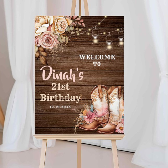 Rustic Cowgirl Boots Floral Birthday Welcome Sign (Creator Uploaded)