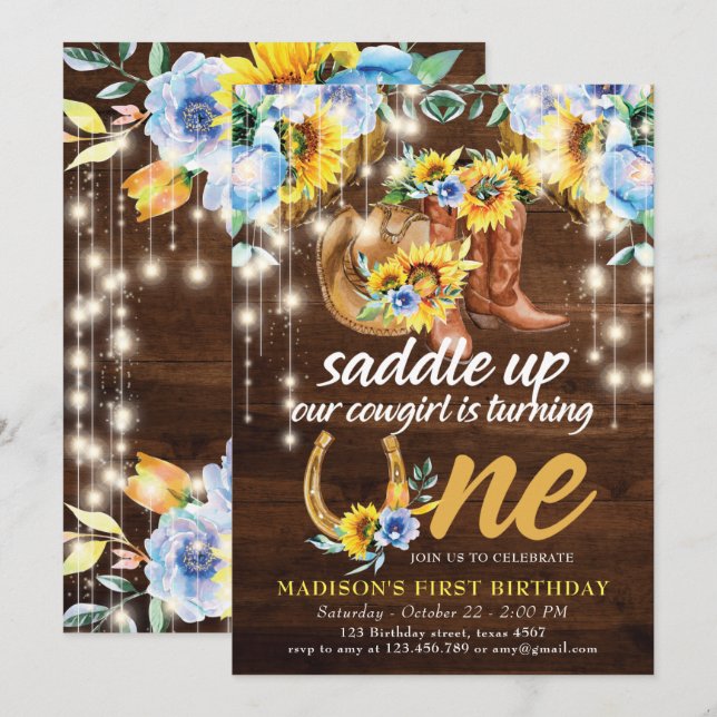 Rustic Cowgirl Boots Floral First Birthday Invitation (Front/Back)