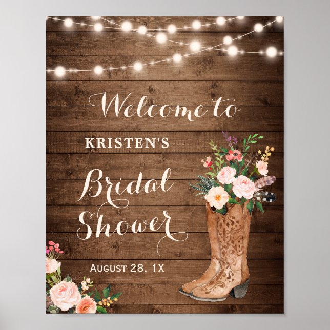 Rustic Cowgirl Boots Floral Lights Bridal Shower Poster (Front)
