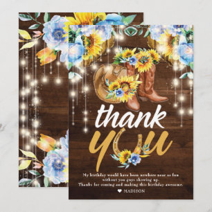 Rustic Cowgirl Boots Floral String Lights Thank You Card