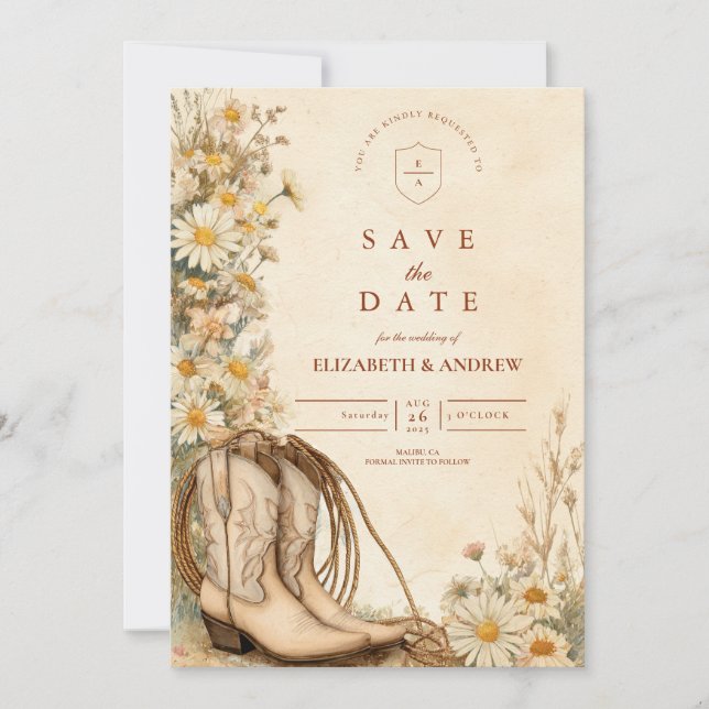 Rustic Cowgirl Boots Wildflower Wedding Save The Date (Front)