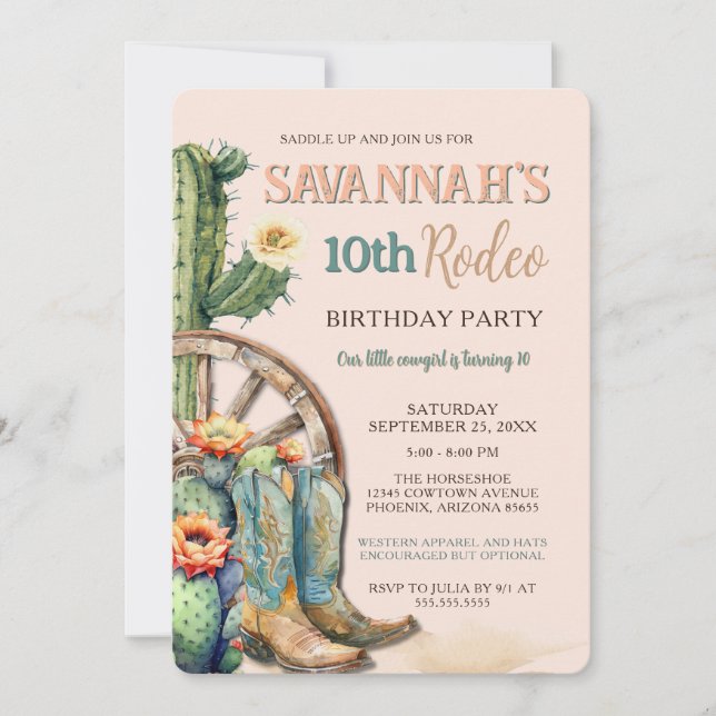 Rustic Cowgirl Floral Cactus Rodeo Birthday Invitation (Front)