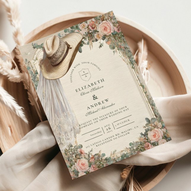 Rustic Cowgirl Hat Lace Wedding Invitation (Creator Uploaded)