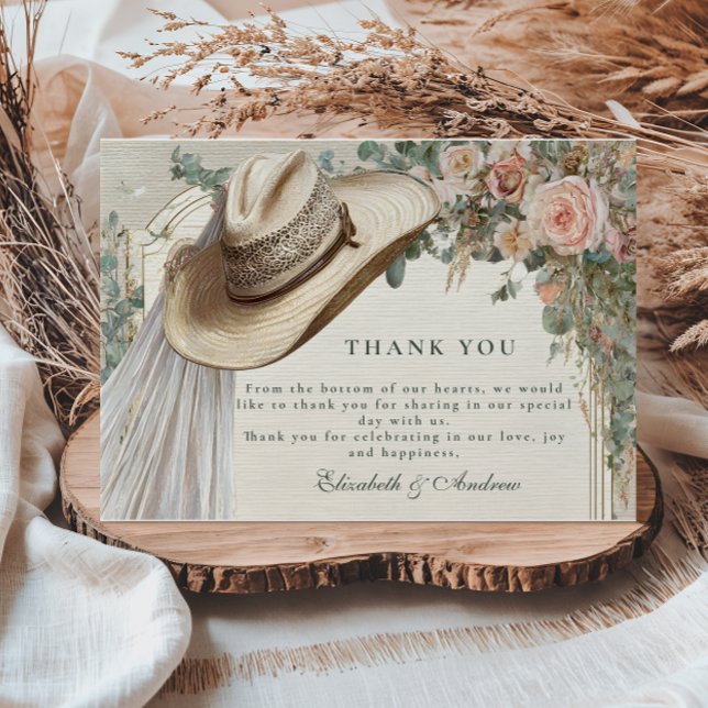 Rustic Cowgirl Hat Lace Wedding Thank You Card (Creator Uploaded)