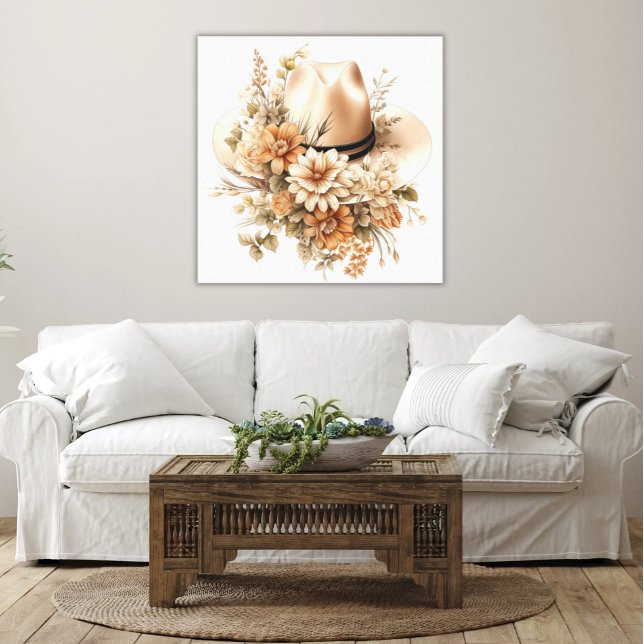 Rustic Cowgirl Hat Wildflowers Elegant Western Art Canvas Print (40x40 Elegant Cowgirl Hat and Wildflowers Canvas Print Shabby Chic Farmhouse)