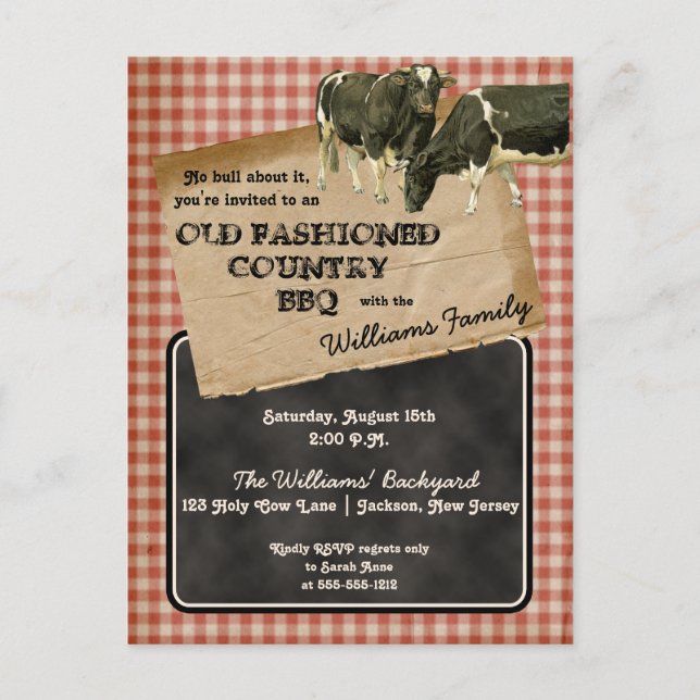 Rustic Cows Beef Backyard Cookout BBQ Picnic Invitation Postcard (Front)