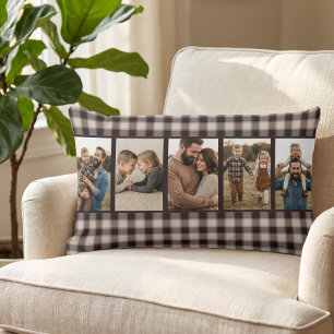 Rustic Cozy Brown Buffalo Plaid Multi Photo Lumbar Pillow