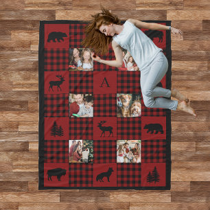 Rustic Cozy Cabin Red Plaid 6 Photo Monogram Fleece Blanket
