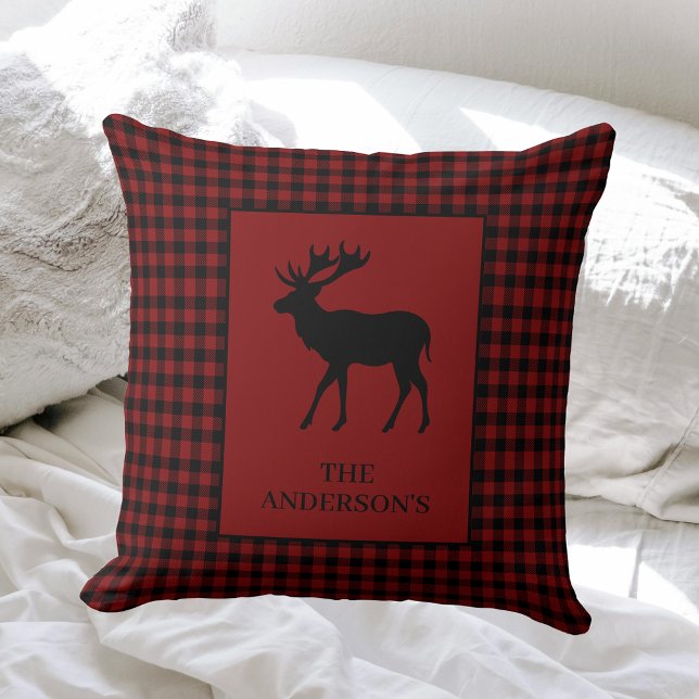 Rustic Cozy Cabin Red Plaid Moose Throw Pillow (Creator Uploaded)