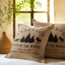 Rustic Cozy Cabin Welcome Family Name Throw Pillow
