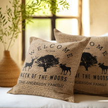 Rustic Cozy Cabin Welcome Family Name Throw Pillow