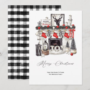 Rustic Cozy Christmas Scene Fireplace Stockings Holiday Card
