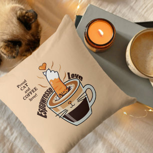 Rustic Cozy Coffee and Cat Lover Funny Cute Beige Throw Pillow