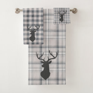 Rustic Cozy Farmhouse Plaid Buck Silhouette Bath T Towel Set