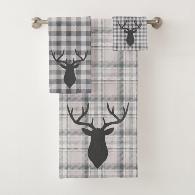 Rustic Cozy Farmhouse Plaid Buck Silhouette Bath T Towel Set (Insitu)